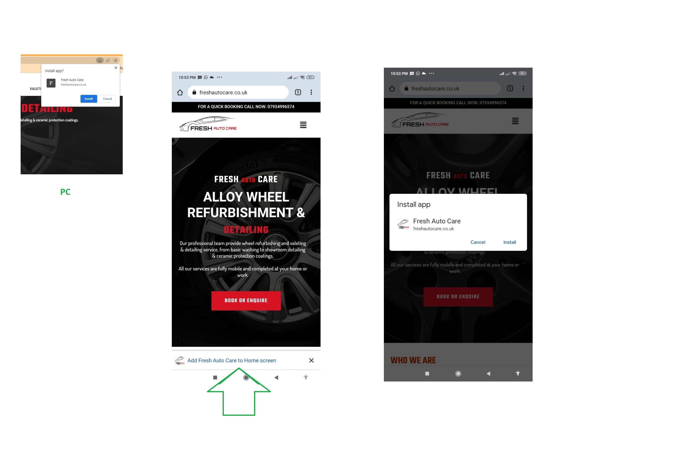 Fresh Auto Care install-app prompt on mobile Chrome, showing the site set up as an installable Progressive Web App