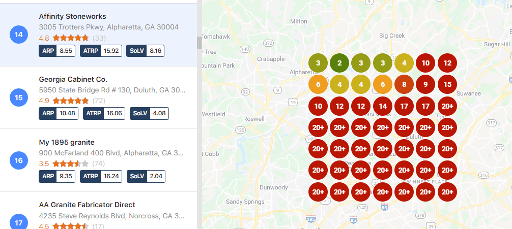 Geo-grid competitive scan for 'Granite Countertops' showing Georgia Cabinet Co. ranked with a 4.9-star rating across 72 reviews and strong near-radius Map Pack visibility