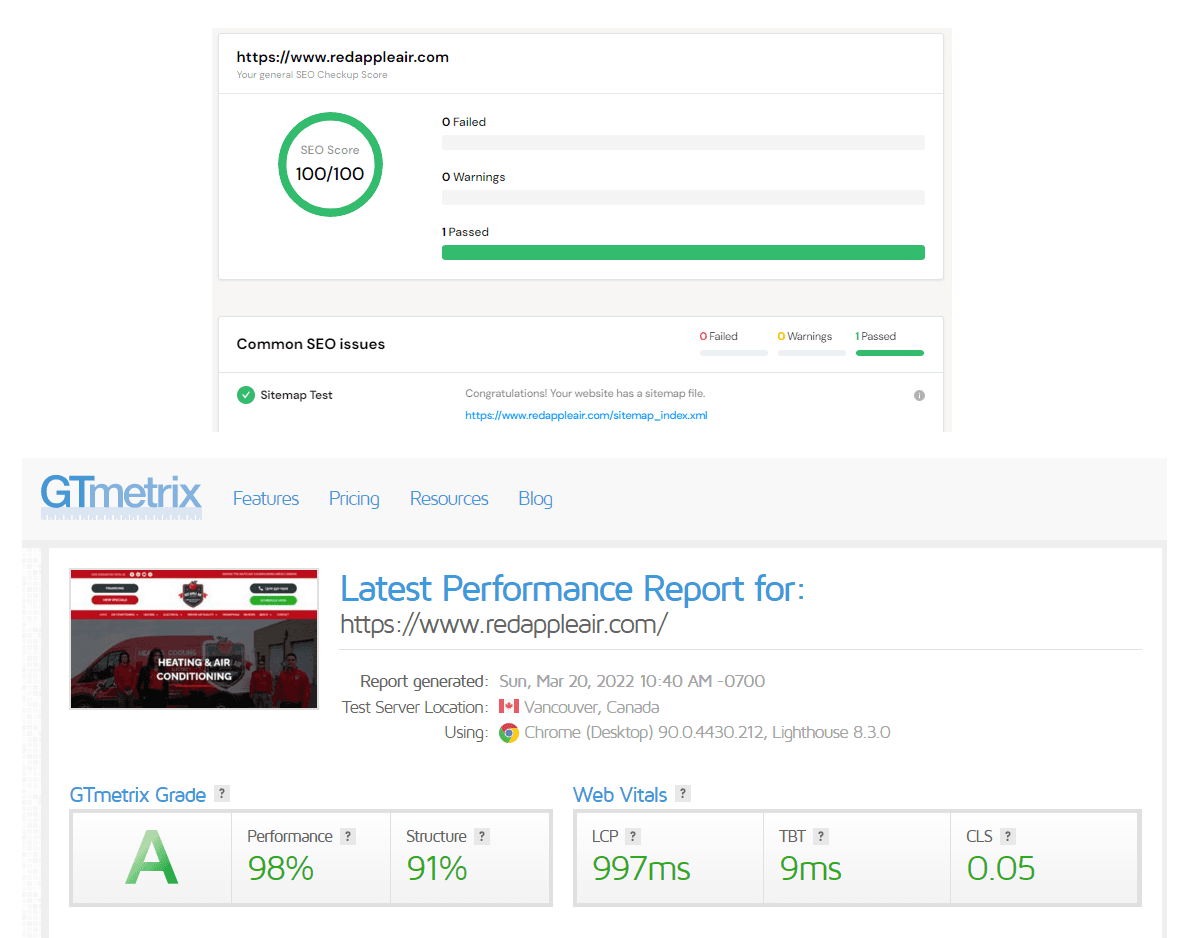 SEO checkup showing a 100/100 score and GTmetrix A grade with 98% performance for redappleair.com