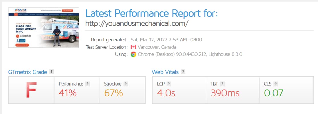 GTmetrix report from March 2022 showing an F grade and 41% performance for youandusmechanical.com