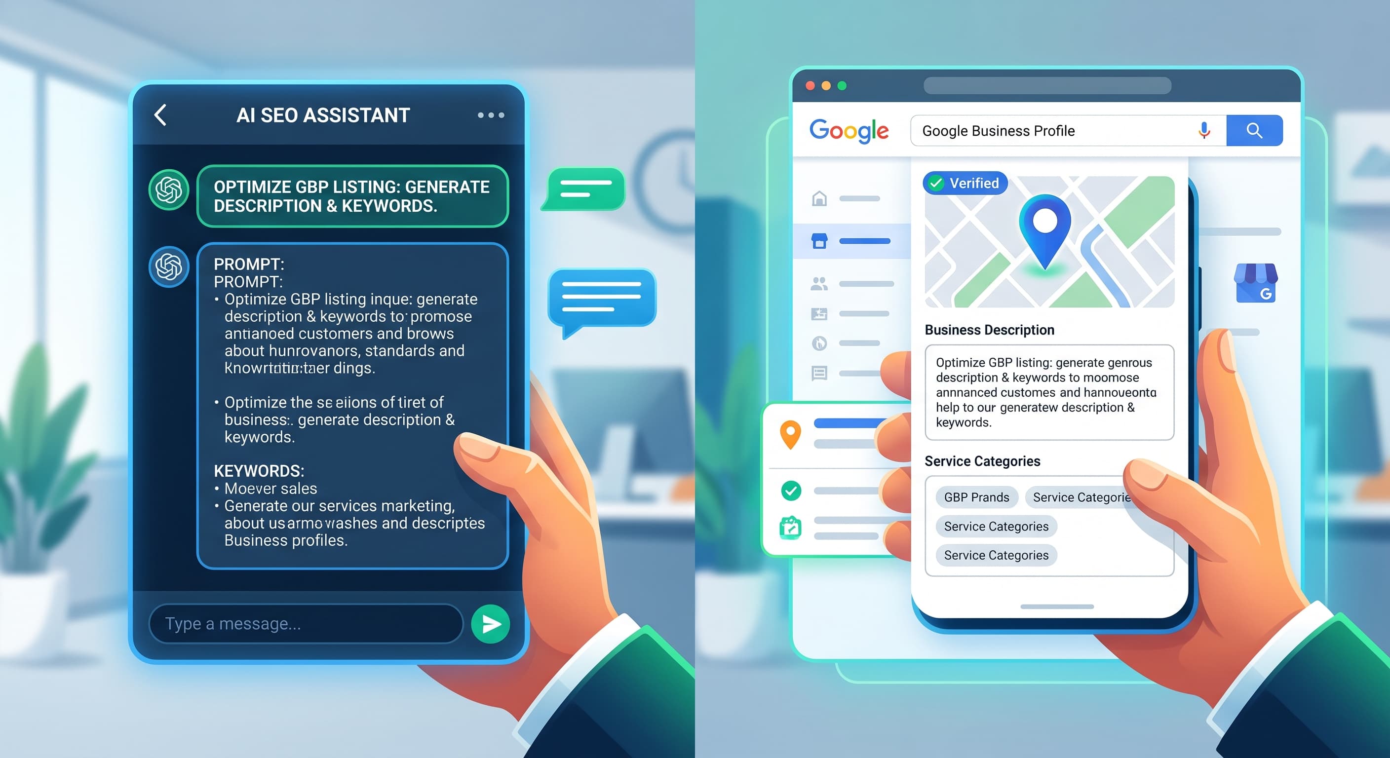 An AI assistant chat panel next to a Google Business Profile listing being edited on a phone