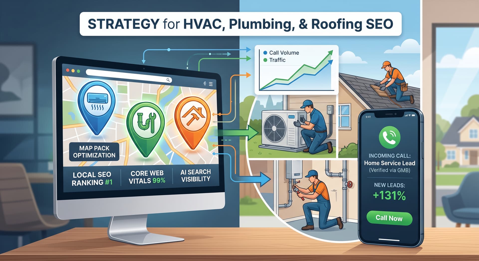Local SEO strategy dashboard for HVAC, plumbing, and roofing companies showing map pack rankings and lead call volume