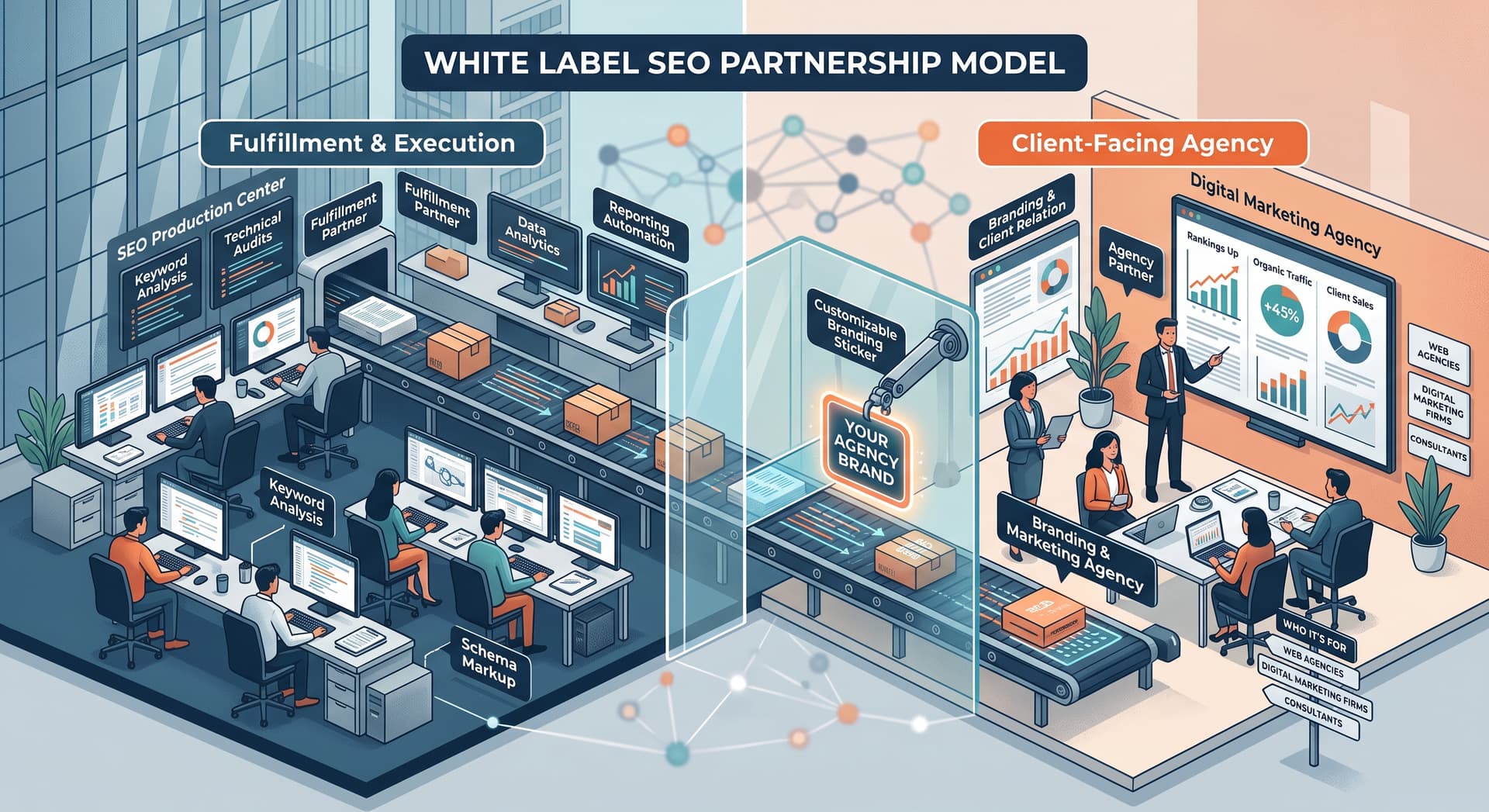 White label SEO partnership model showing fulfillment and execution feeding into a client-facing branded agency